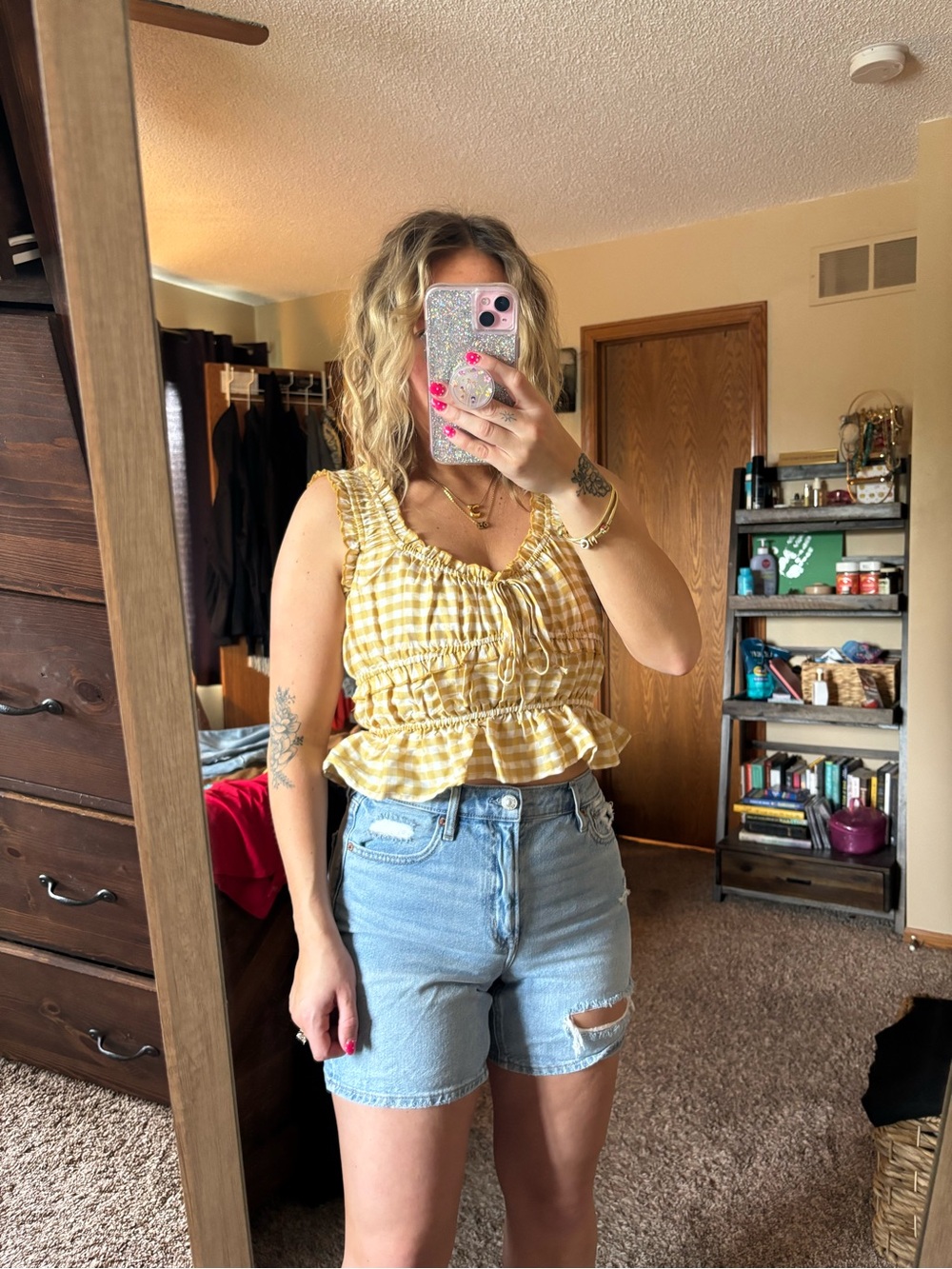 Evolutionary apparel Women’s Yellow Gingham Ruffle Tie-Front Tank Top